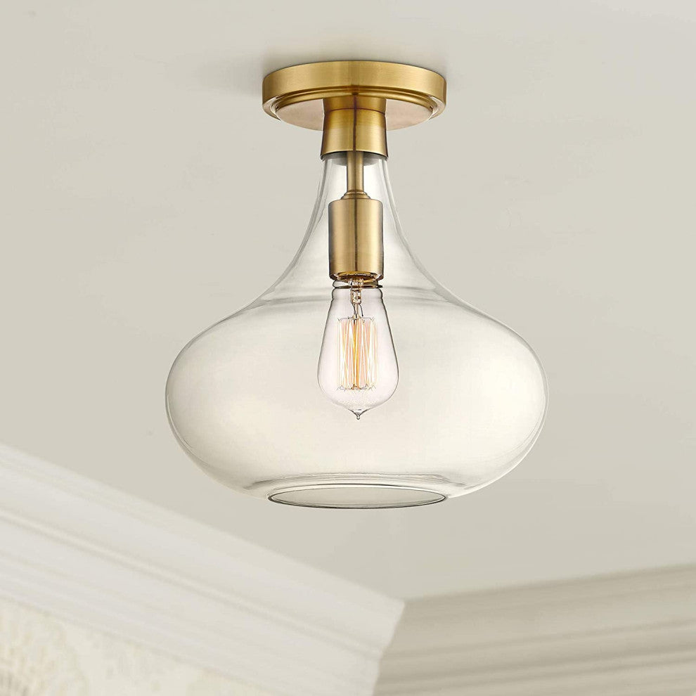 Mid Century Close to Ceiling Light Industrial Gold, Glass, Semi Flush Mount