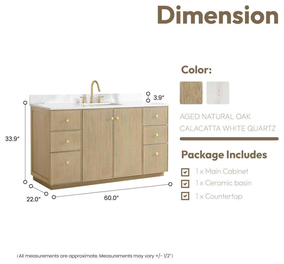 Oza Bath Vanity with Quartz Stone Top, Aged Natural Oak, 60", Single Vanity, No Mirror
