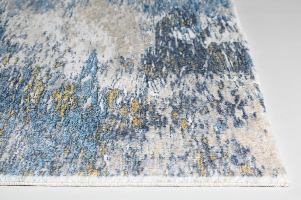 2"x7" Blue Gold Abstract Painting Modern Runner Rug
