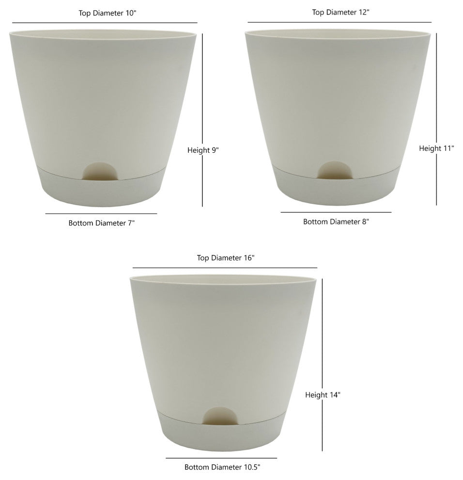 CHG Plastic Tilden Self-Watering Planters, Arctic White, Assorted Size, Set of 3