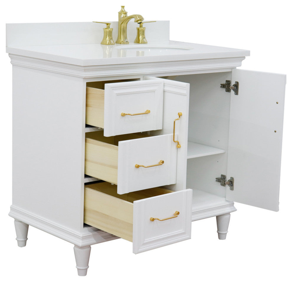 37" Single Vanity, White Finish With White Engineered Stone Top