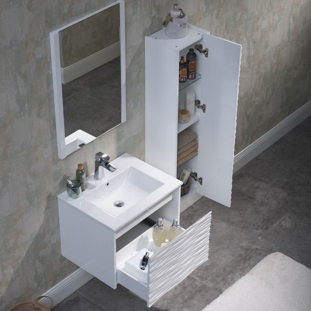 Floating Bathroom Vanity Set, Glossy White, 24" With Sink, Mirror & Side Cabinet