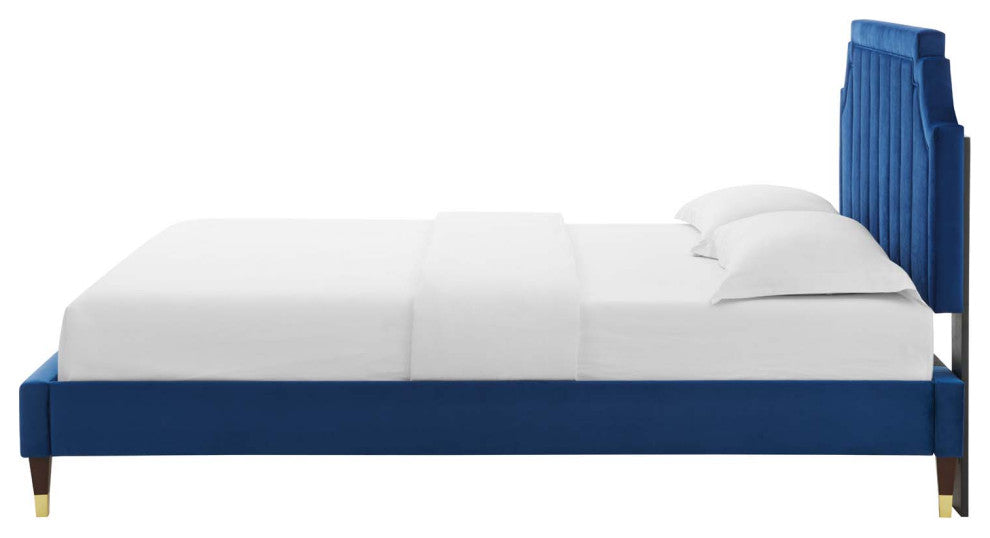 Platform Bed Frame, King Size, Velvet, Blue Navy, Modern Contemporary, Bedroom
