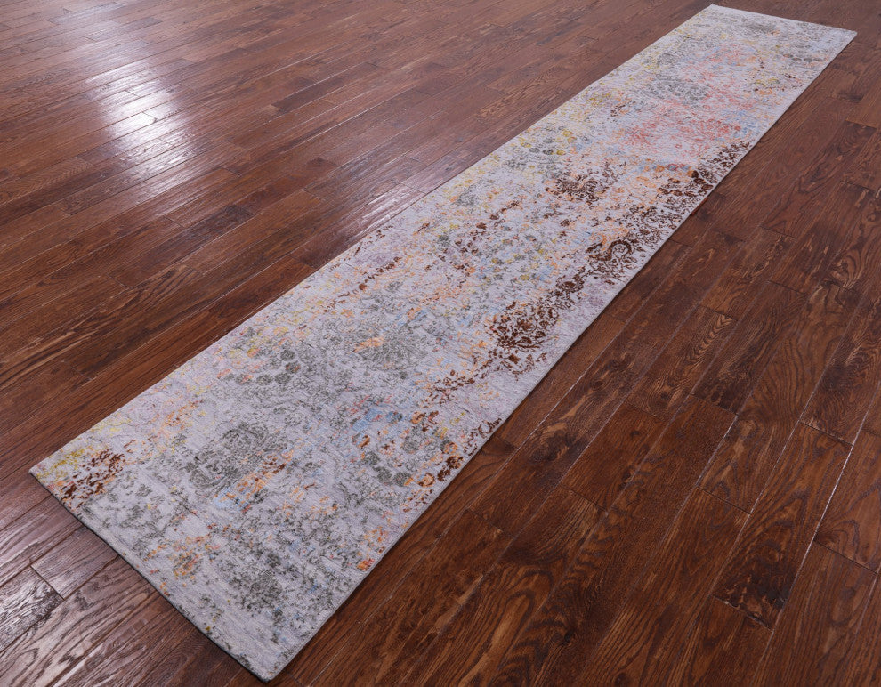 2' 7" X 13' 10" Wool and Silk Modern Handmade Runner Rug Q9263
