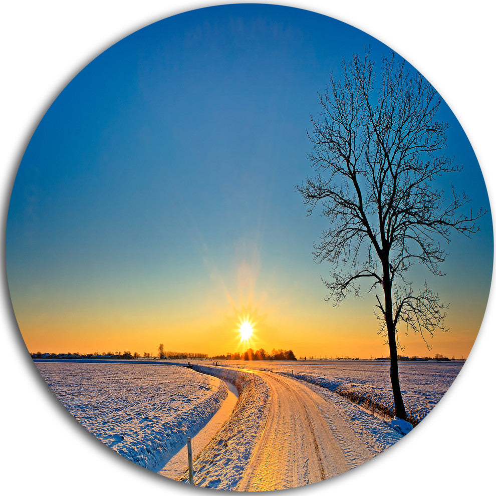 Distant Sunset In Winter, Landscape Photo Round Metal Wall Art, 36"