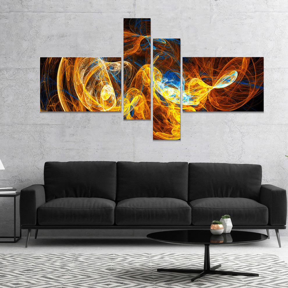 Fractal Smoke Texture Orange, Abstract Canvas art print, 60"x32", 4 panels