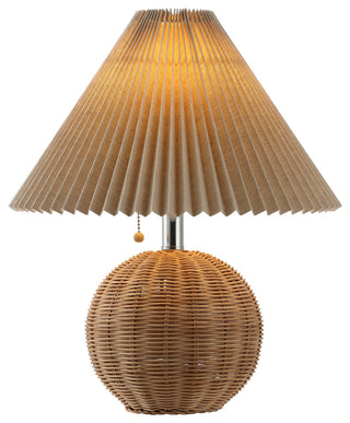 Scandinavian Rattan/Iron Sphere LED Table Lamp With Pleated Shade and Pull Chain