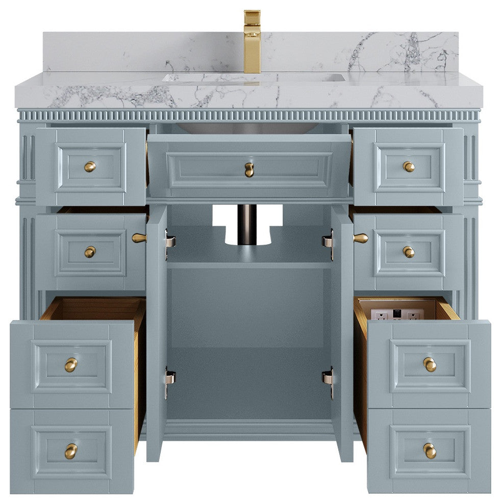 Paris 42" Single Sink Bathroom Vanity, Blue Heather 2" Venatino Quartz