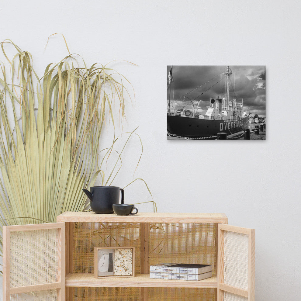 Overfalls Lightship Black & White Photo Canvas Wall Art Print, 18" X 24"