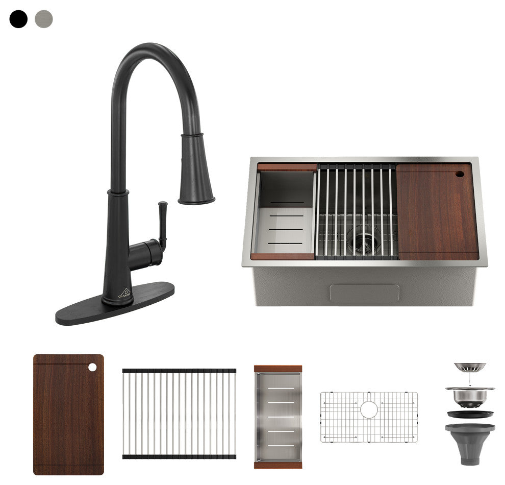 32in Single Bowl Undermount Workstation Kitchen Stainless Steel Sink with Faucet, Matte Black