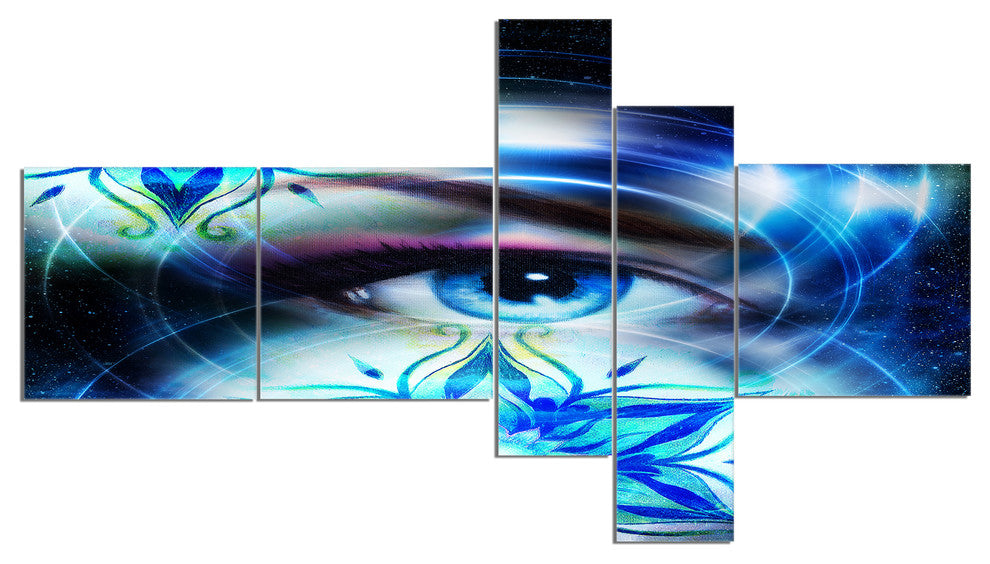 Woman Eye with Fractal Flowers, Floral Art Canvas Print, 60"x32", 5 panels