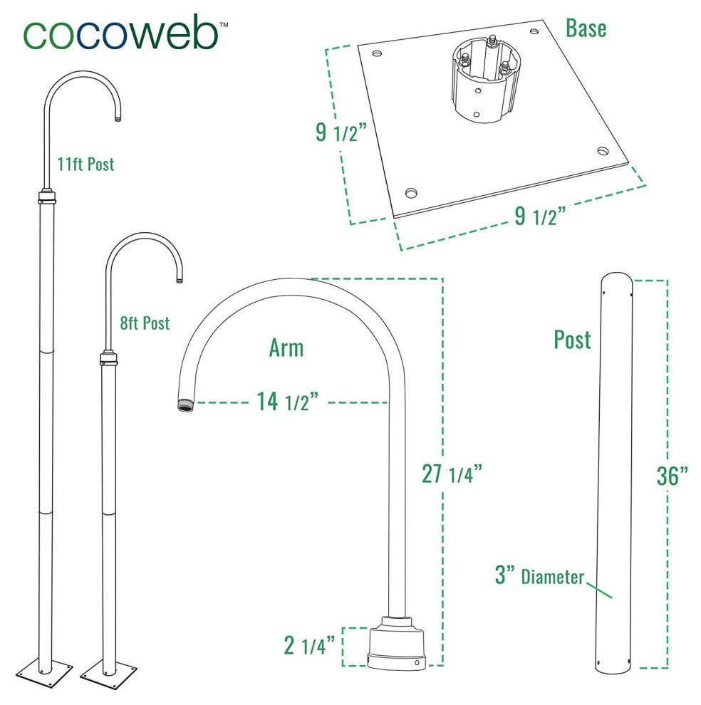 Cocoweb 12" Peony LED Post Lamp in Black With 8'' Post