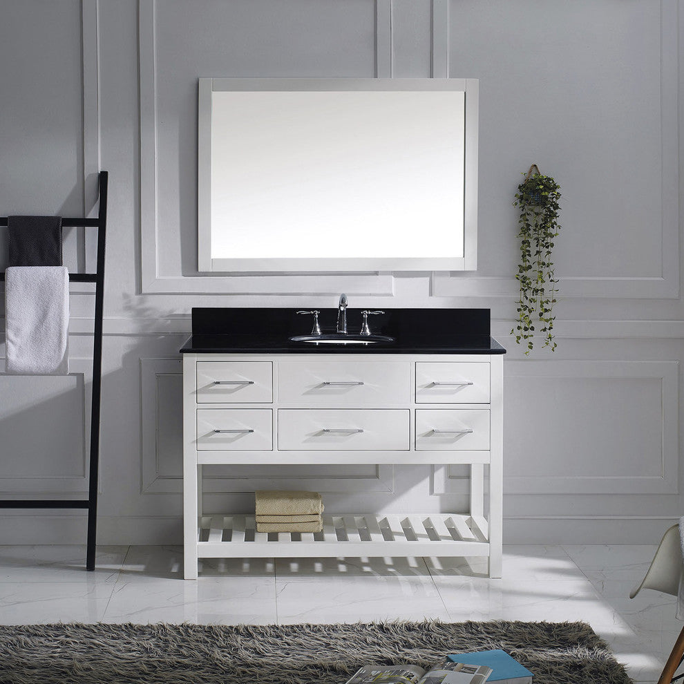 Virtu Caroline Estate 48" Single Bathroom Vanity, White With Faucet and Mirror