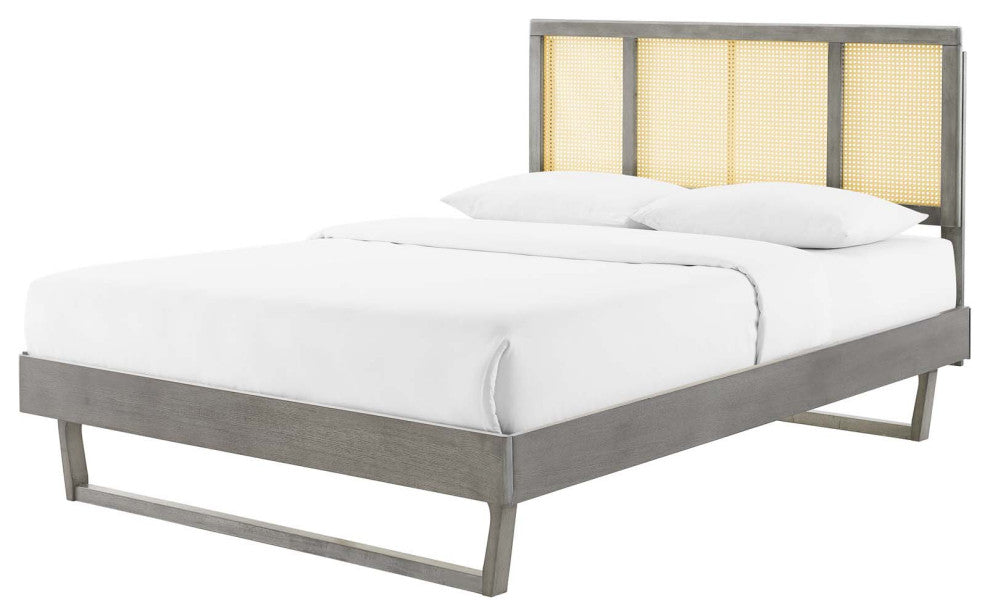 Platform Bed Frame, Queen Size, Wood, Gray, Modern Mid-Century, Bedroom