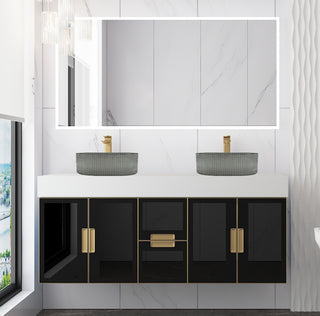 Modern Wall-Mount Vanity With Top & 16" Ribbed Sink, Black, 60"