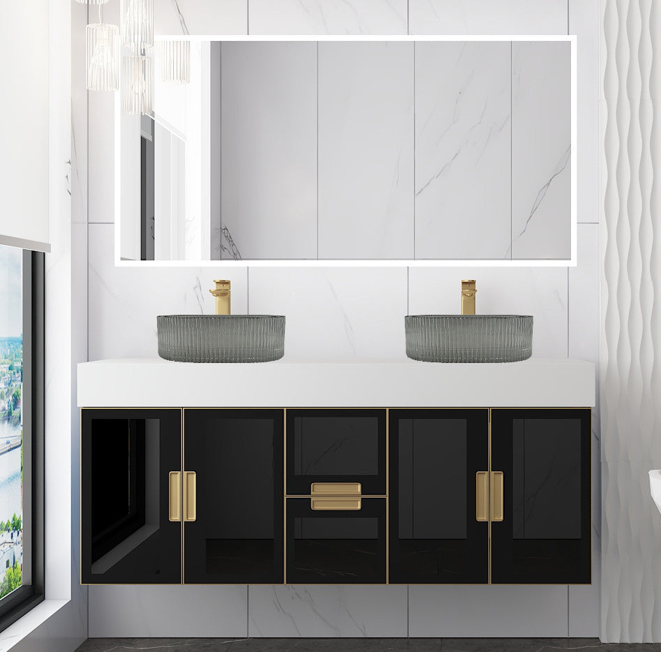 Modern Wall-Mount Vanity With Top & 16" Ribbed Sink, Black, 60"