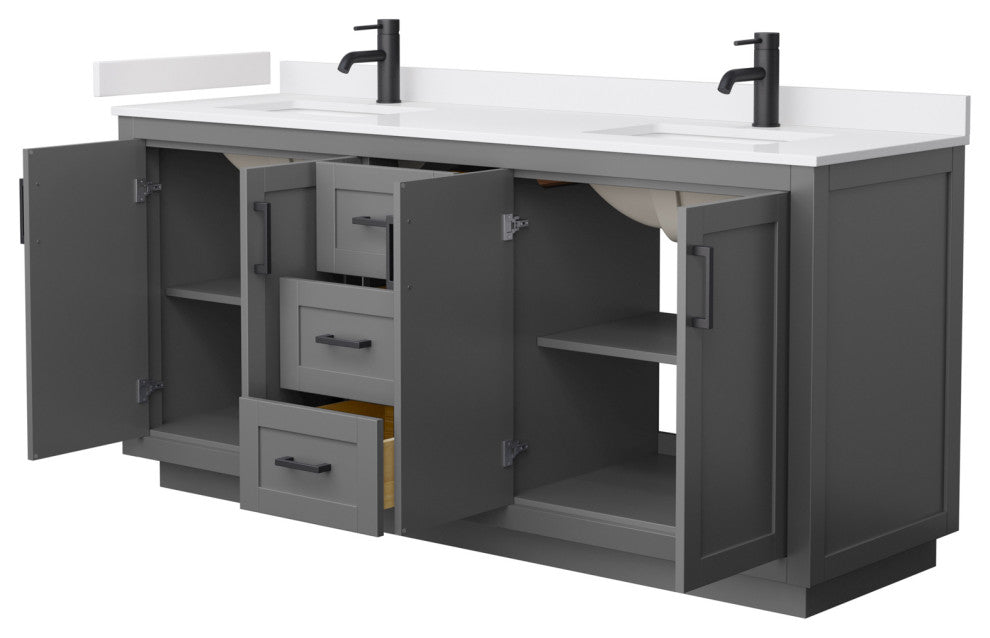 72"DBL Vanity Dark Gray, White Cult. Marble Countertop, Sinks, Black Trim