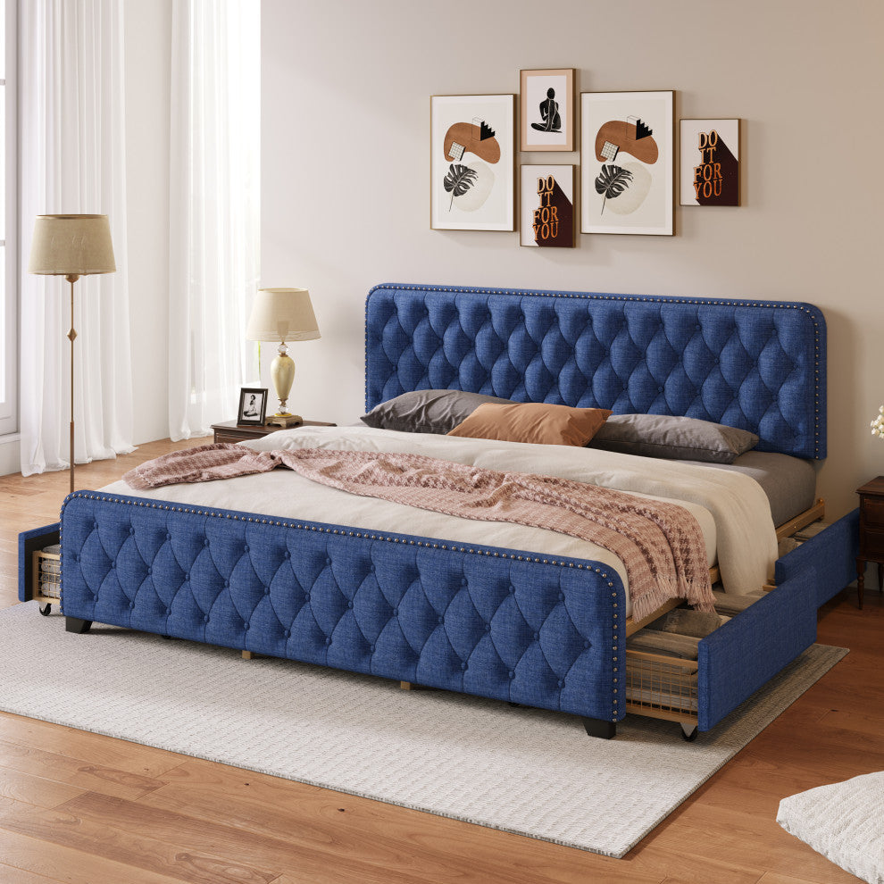 Metal Platform Bed with Headboard, Upholstered and 4-Drawer, Blue, 84.6" X 79.5"