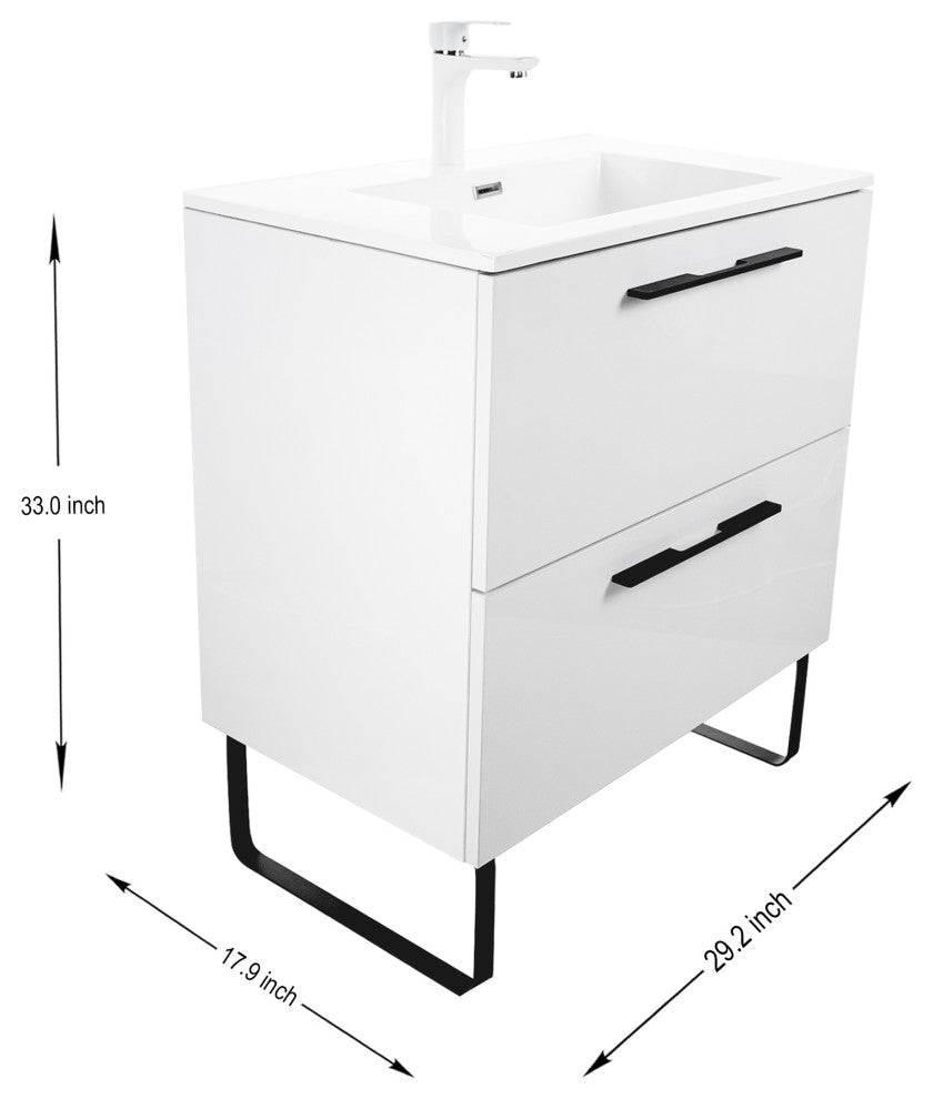 Free-Standing Single Bathroom Vanity, Acrylic Top, White High Gloss, 30"