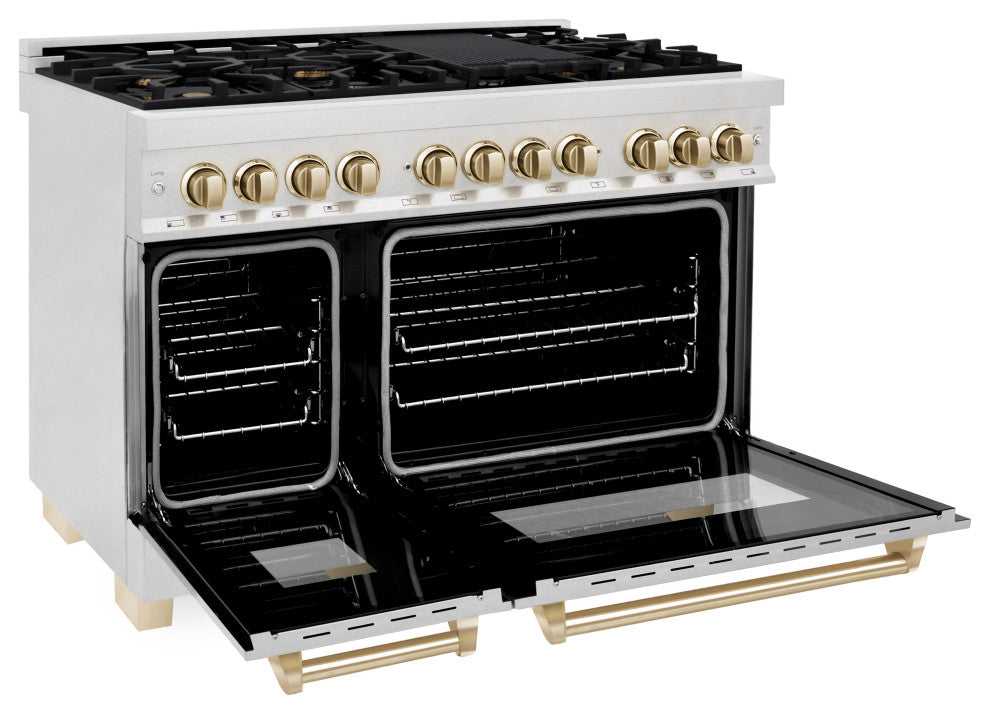 ZLINE 48" Dual Fuel Range, DuraSnow With Gold Accents RASZ-SN-48-G