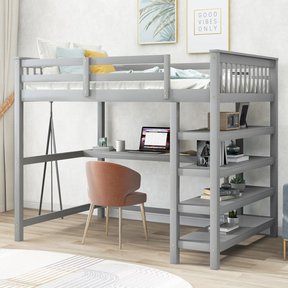 Gewnee Full Size Loft Bed with Storage Shelves and Under-bed Desk
