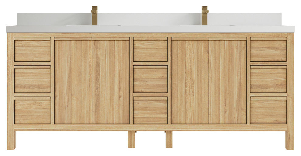 Elizabeth 84 Double Sink Bath Vanity in Light Natural Teak 2" White Quartz