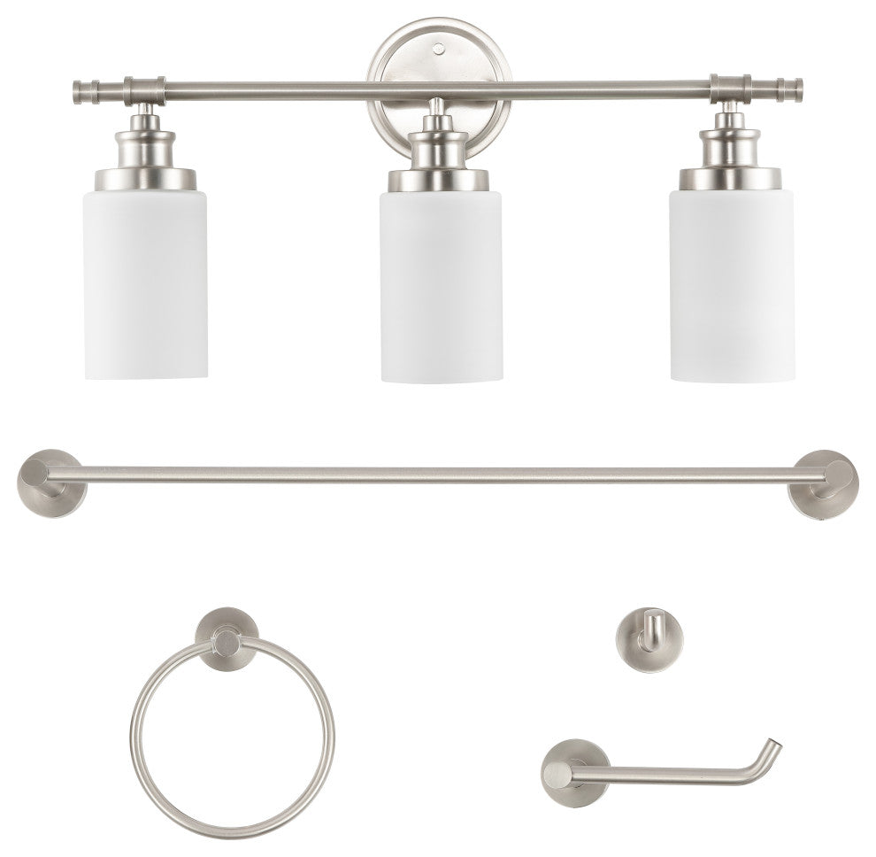 3-Light Classic Vanity, Frosted Glass Shades, Bathroom Hardware Set, 5-Piece