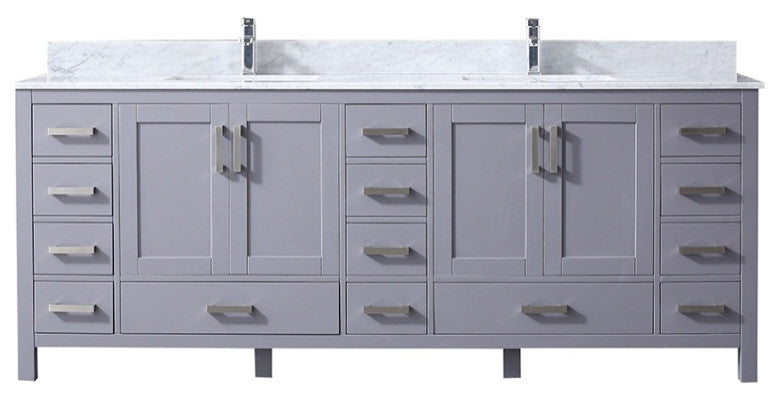84" Dark Gray Double Vanity, White Carrara Marble Top, White Sinks, No Mirror