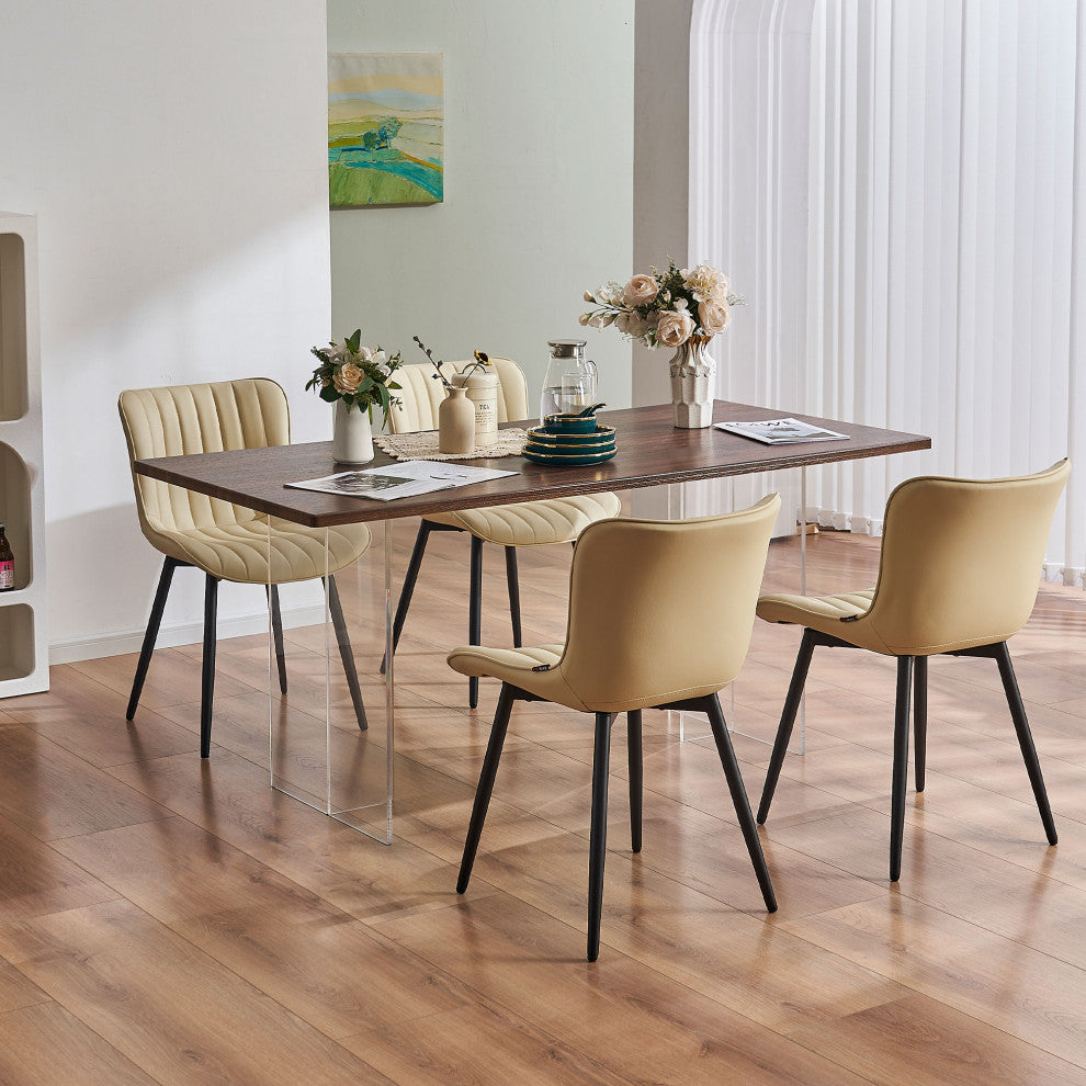 Younike Dining Chair Set of 2, Liner Pattern Faux Leather, Beige