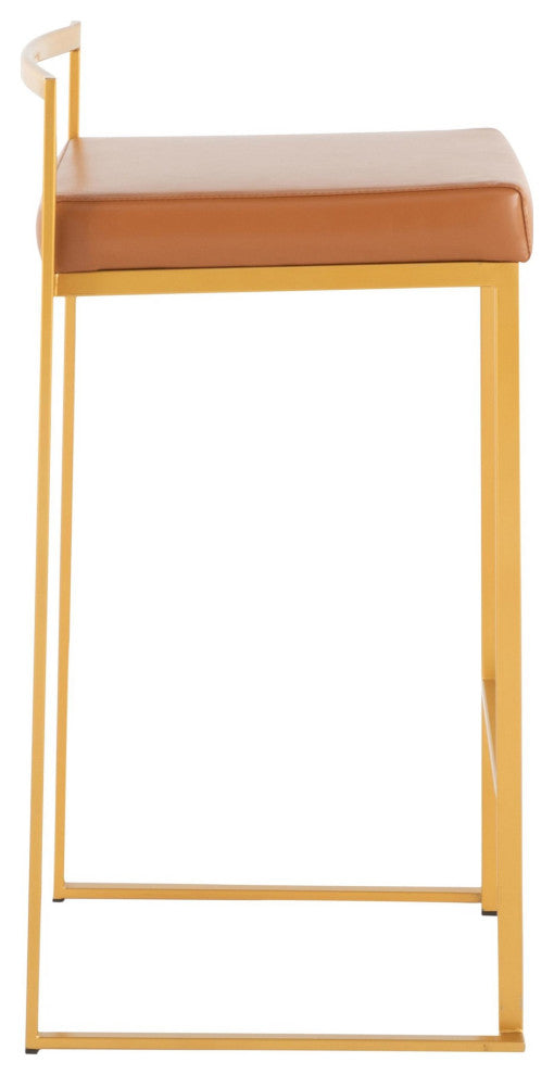 Fuji Stackable Stool, Gold With Camel Faux Leather, Set of 2, Counter Stool