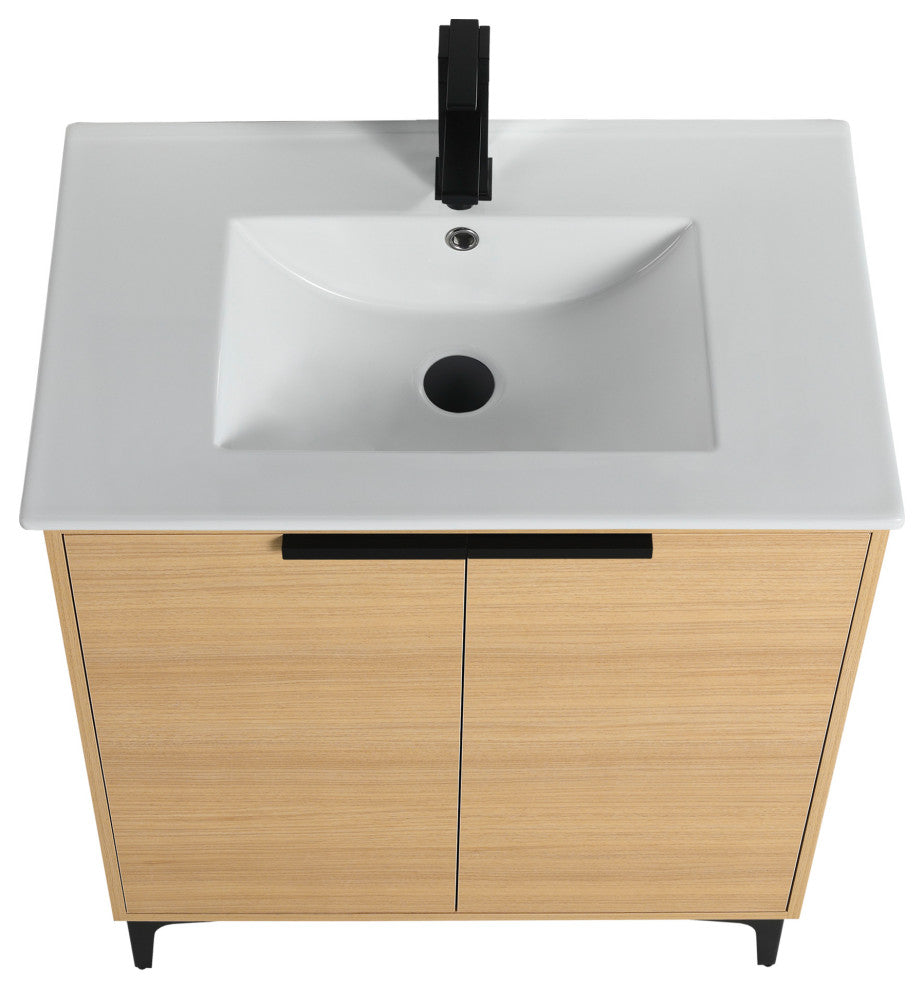 Wilmington Bath Vanity, Natural Oak, 30 Inch, Black Hardware