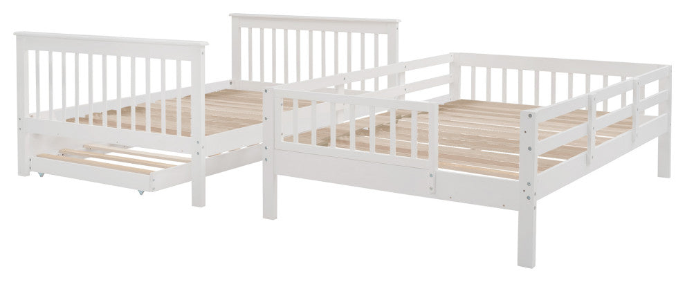 Gewnee Pine Wood Full Over Full Bunk Bed with Trundle and Stairway in White