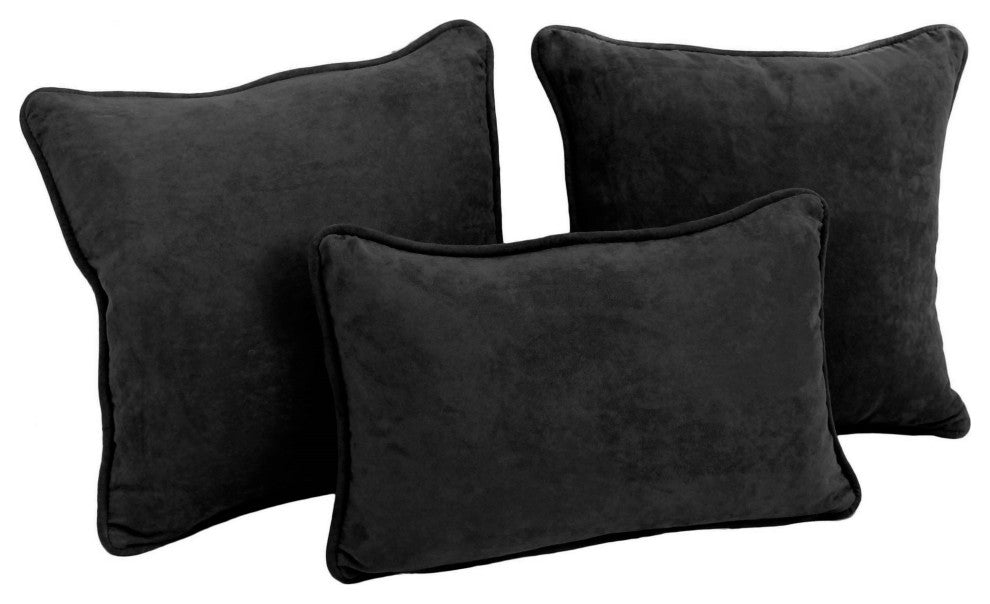 Double-Corded Solid Microsuede Throw Pillows With Inserts, Set of 3, Black