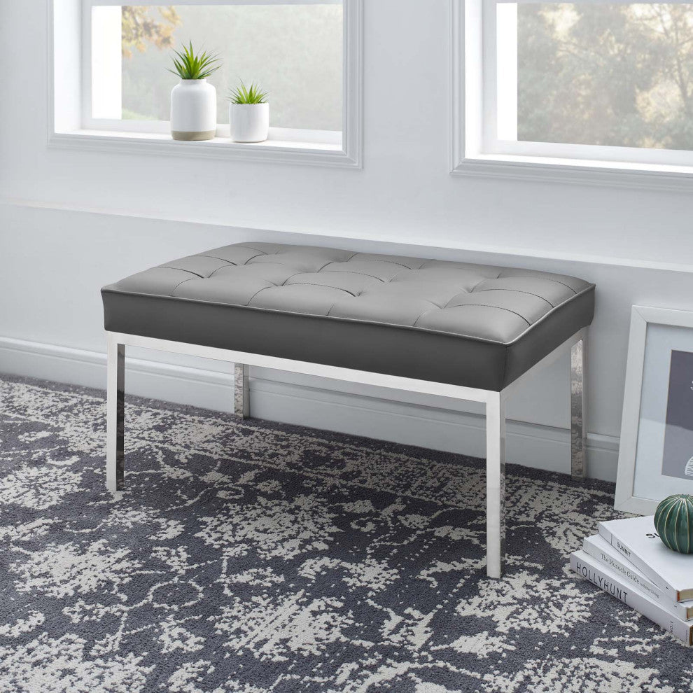 Loft Tufted Medium Upholstered Faux Leather Bench Silver Gray