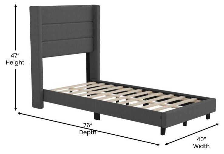 Hollis Upholstered Platform Bed with Wingback Headboard w/Mattress Foundation, Charcoal, Twin