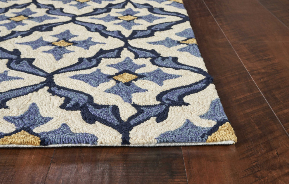 HomeRoots 5' x 7' Ivory or Blue Geometric Mosaic Indoor Outdoor Area Rug