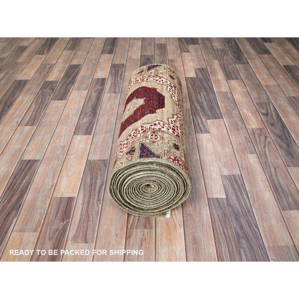 Green, Hand Knotted, Mamluk Design, Pure Wool, XL Runner Rug, 2'4"x24'7"