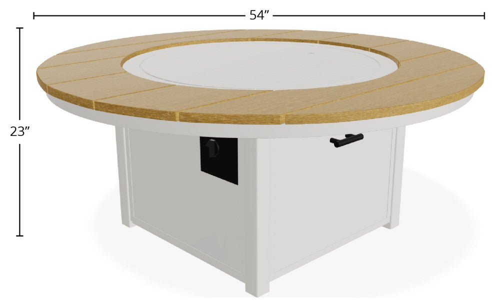 54" Round Marine Grade Fire Table with Propane Shelf, Snow/Teak