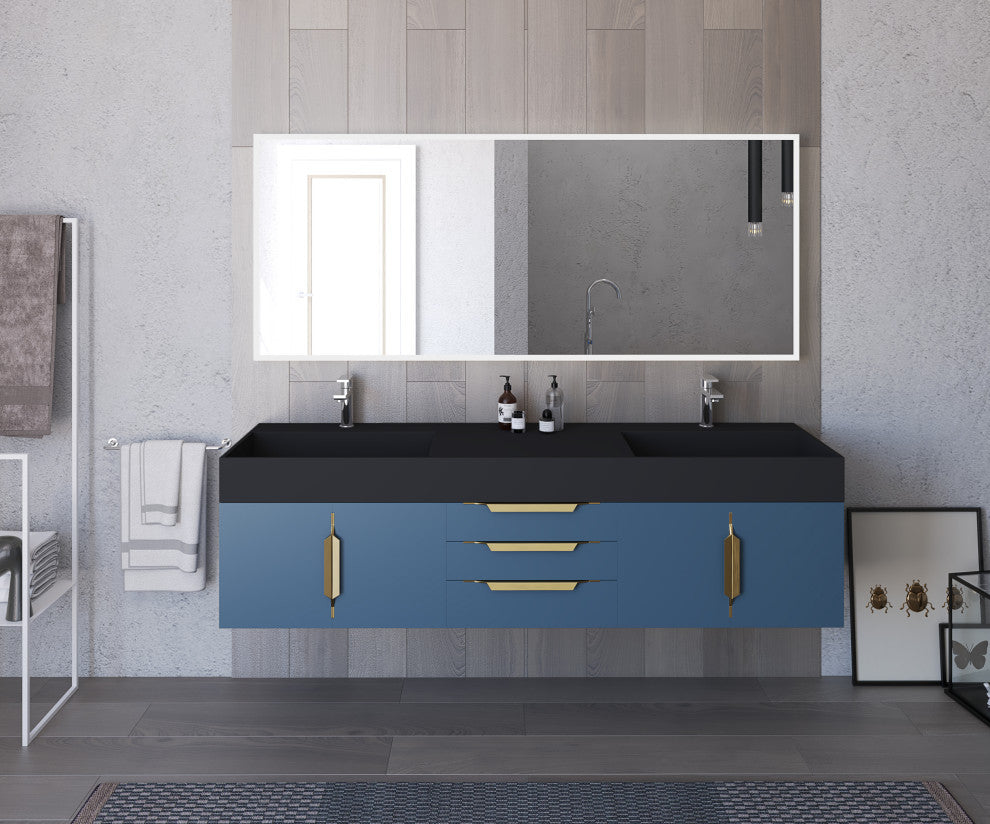 CastelloUSA Amazon 72" Wall Mounted Vanity Set, Blue, Black Top, Gold Handles