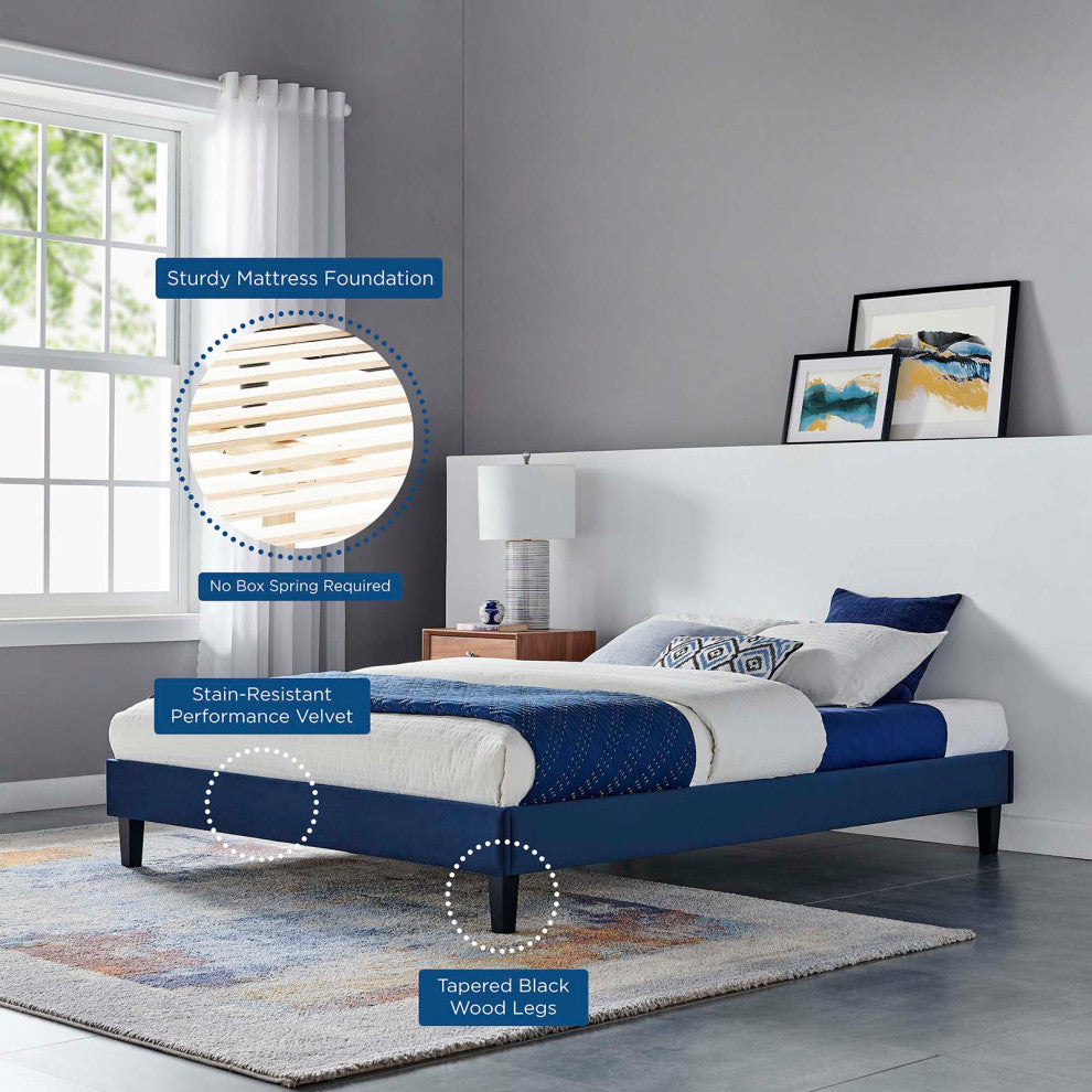 Reign Full Performance Velvet Platform Bed Frame Navy