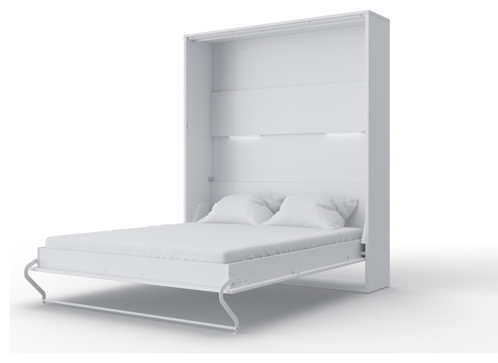 INVENTO Vertical Murphy Bed with LED and Mattress 63x78.7", White/White