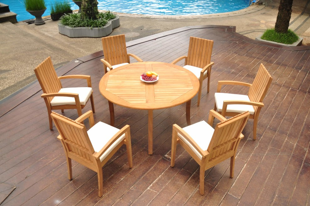 7-Piece Outdoor Teak Dining Set: 52" Round Table, 6 Goa Stacking Arm Chairs