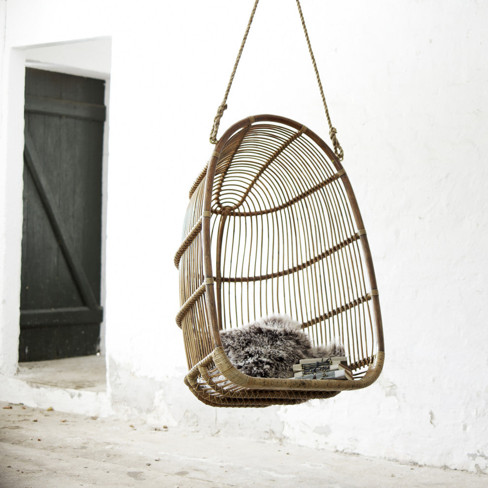Renoir Rattan Hanging Swing Chair, Antique, Tempotest White Canvas Cushion