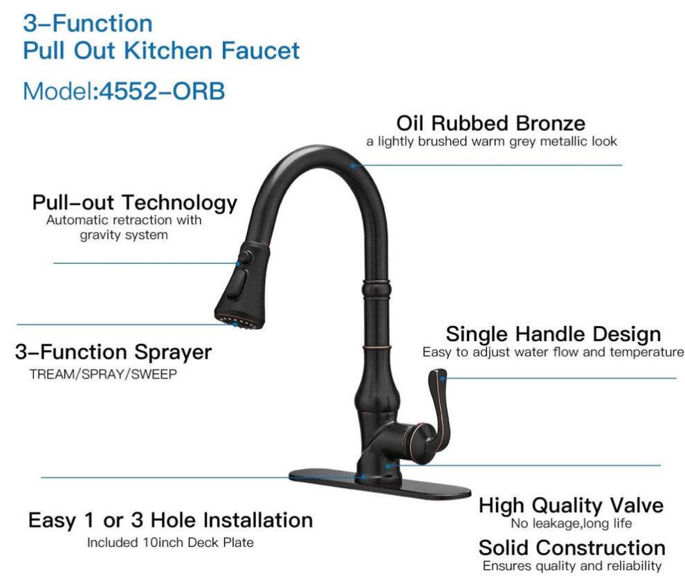 Wellfor Single Level Stainless Steel Kitchen Faucet With Pull Down Spray, Oil Rubbed Bronze