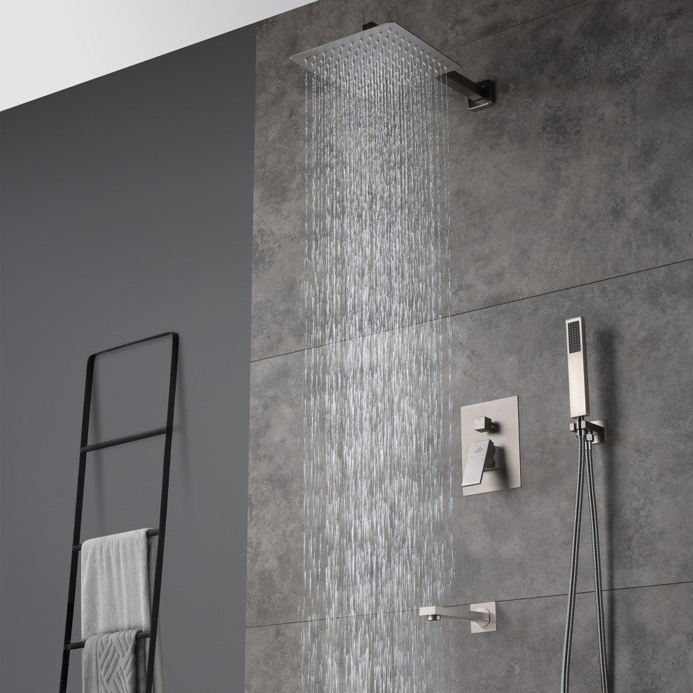 CASAINC 10" Wall Mounted Luxury Dual Rainfall Shower System Kit w Bathtub Spout, Brushed Nickel