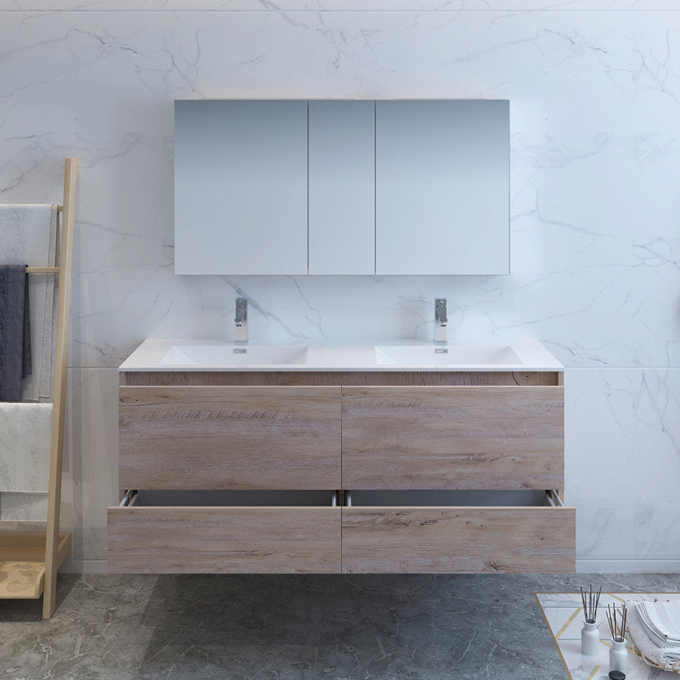 Fresca Catania 60" Natural Wood Wall Hung Double Sink Vanity, Medicine Cabinet