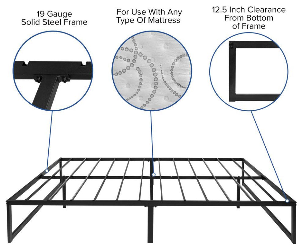 14" Metal Platform Bed Frame, 12" Pocket Spring Mattress & Memory Foam Topper, Black, King