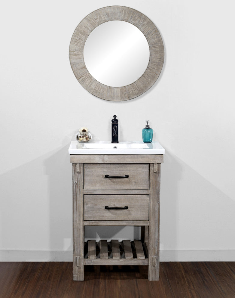 24" Rustic  Solid Fir Vanity With Ceramic  Single Sink, No Faucet