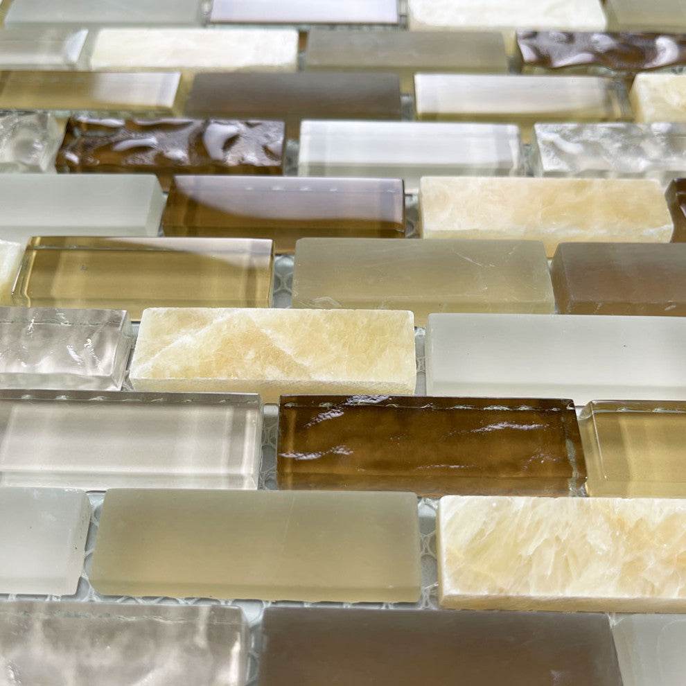 Glass Mosaic Tile Beige Brown White Crackled Yellow Honey Onyx Accent, 1 sheet