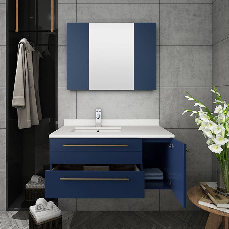 Fresca Lucera 36" Royal Blue Bathroom Cabinet With Top and Sink Left Version